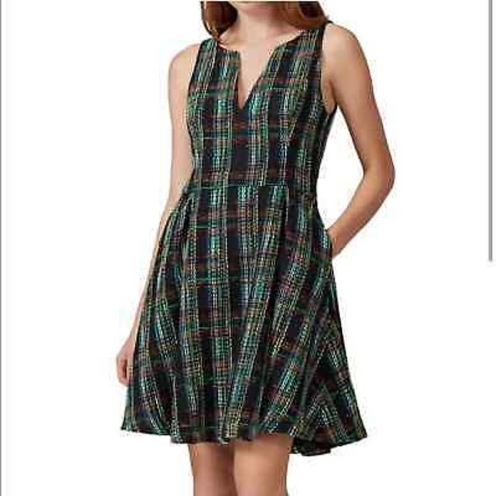 Slate & Willow Classic Plaid Green w/ Neon Stripe Accents Tweed Sleeveless Dress